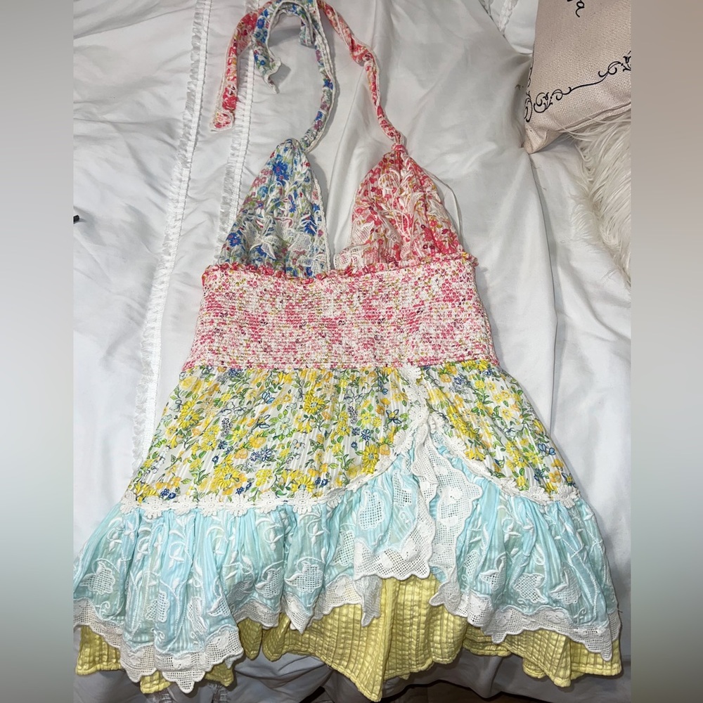 COPY - LOVESHACKFANCY Cambria Patchwork Floral Halter Mini Dress. Accepting any…